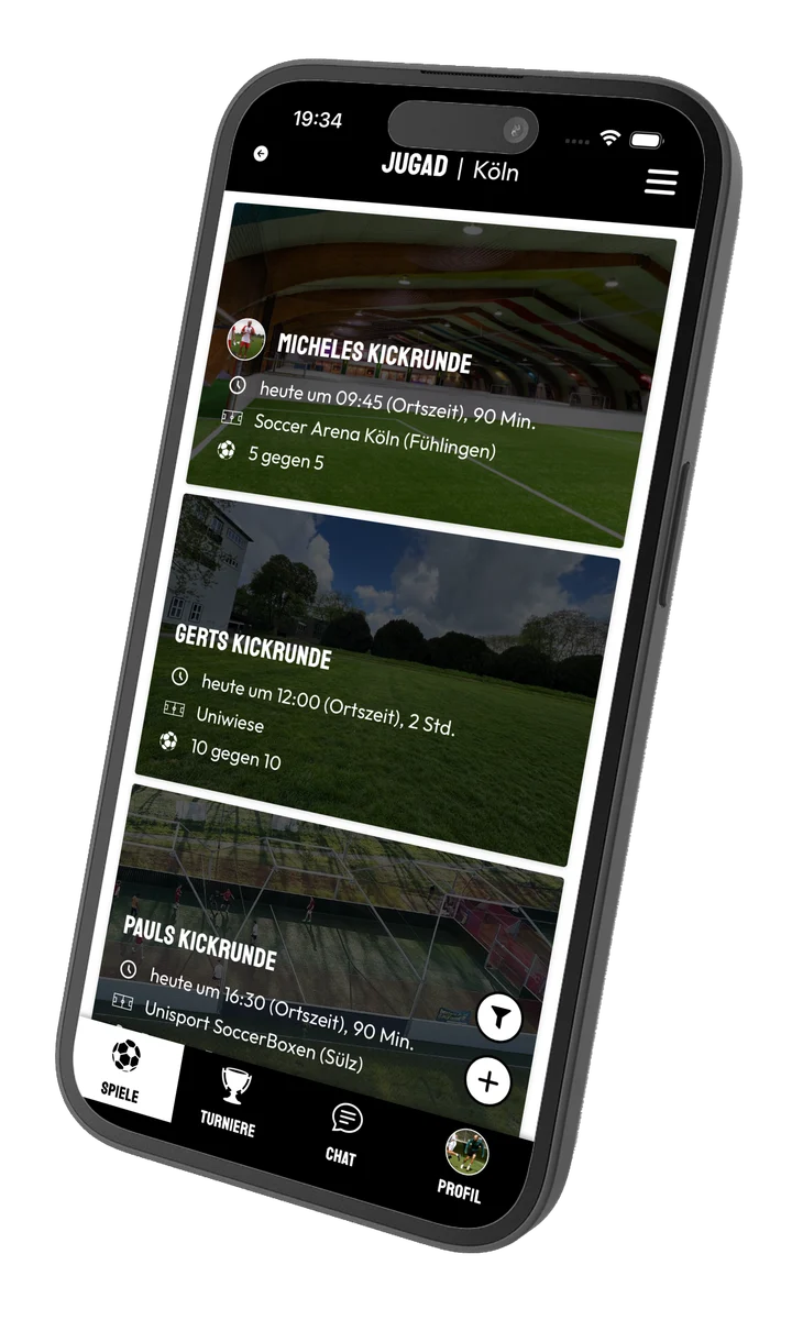Die JUGAD-App zeigt verfügbare Kickrunden mit Ort, Termin und Spielformat.